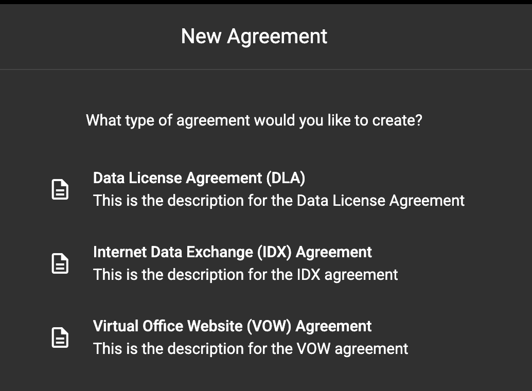 Agreement type selection screen