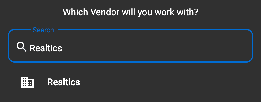 Vendor search screen with Realtics selected